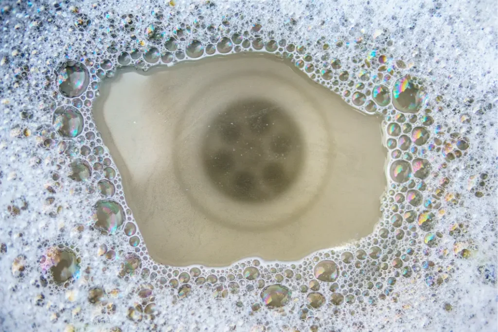 Murky standing water over a clogged floor drain in a western Chicago suburbs home