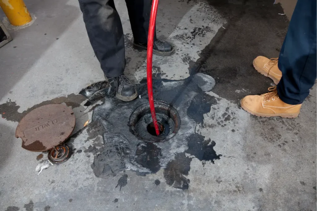 Red hydro jetting hose fed into a residential sewer cleanout on a Patriot Trenchless job.